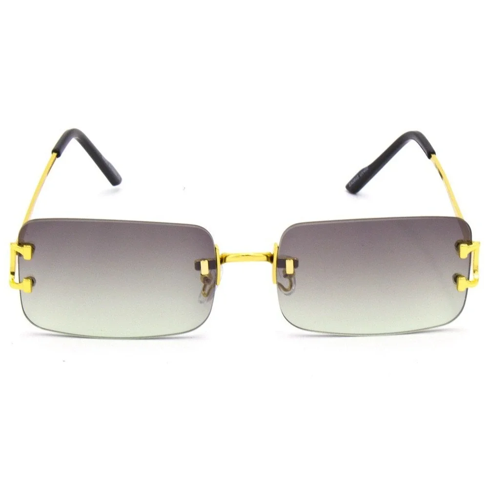 Rimless Rectangle Sunglasses Gold Frame Green Lens Fashion Shades Men Street New